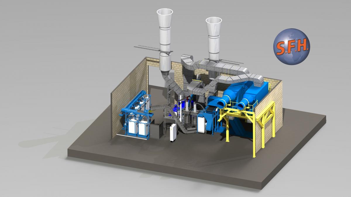 Ligne de traitement de copeaux 4.0, connectée à la supervision de la ligne de production. La ligne repartit ensuite les briquettes dans des Big-Bags, ceux-ci sont pesés et un bon de livraison associé est imprimé.