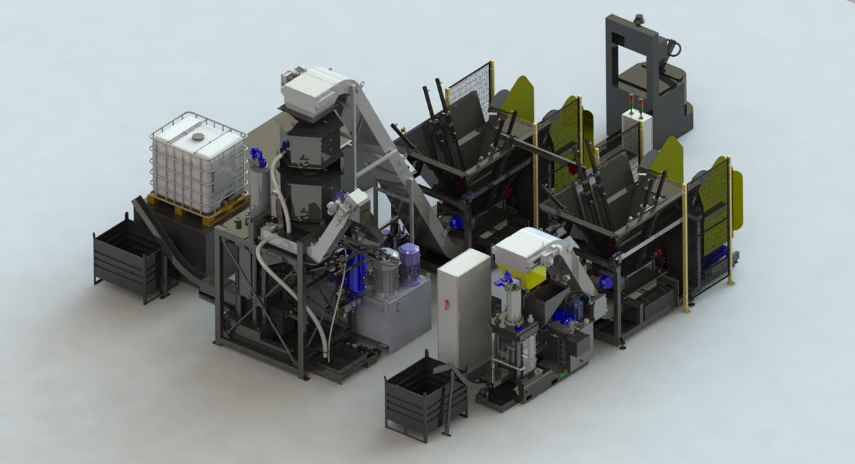 Ligne de traitement de copeaux pour tournures en inox provenant de la fabrication de raccords hydrauliques. L'opérateur insère sa benne à copeaux dans le retourneur de bennes et lance le cycle machine. La machine travaille en autonomie.
